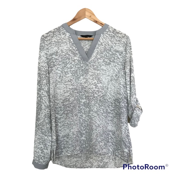 Kenneth Cole Select Women’s Blouse | Grey and White Split Neck Long Sleeve Top - Picture 3 of 12